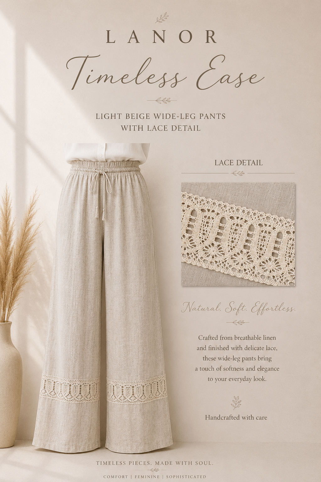Lace Detail Casual Pants – Linen.     بنطلون دانتيل كاجوال - كتان