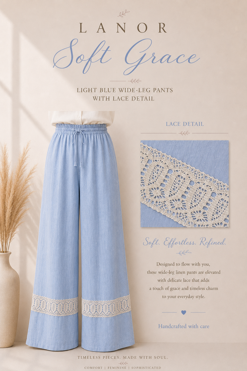 Lace Detail Casual Pants – Linen.     بنطلون دانتيل كاجوال - كتان