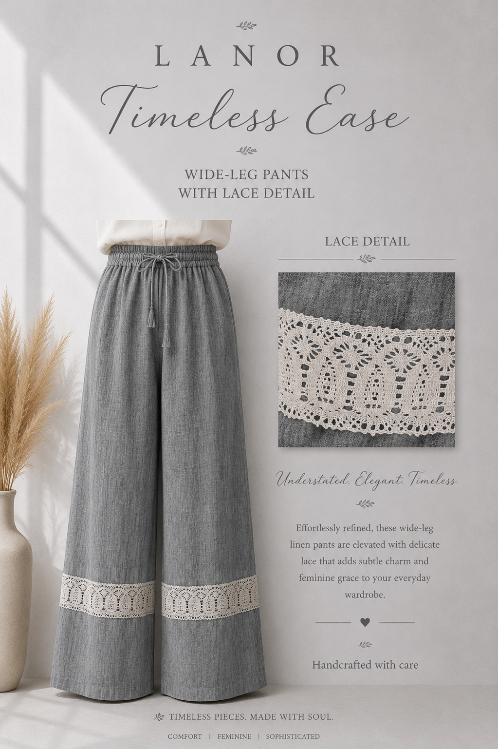 Lace Detail Casual Pants – Linen.     بنطلون دانتيل كاجوال - كتان