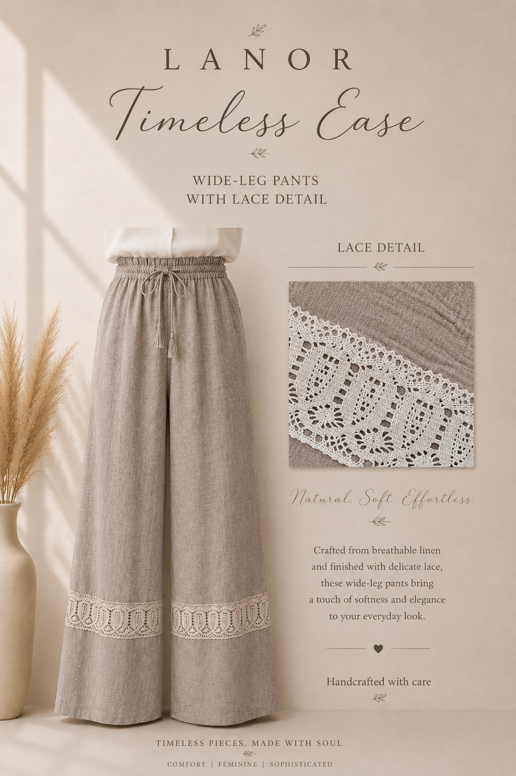 Lace Detail Casual Pants – Linen.     بنطلون دانتيل كاجوال - كتان