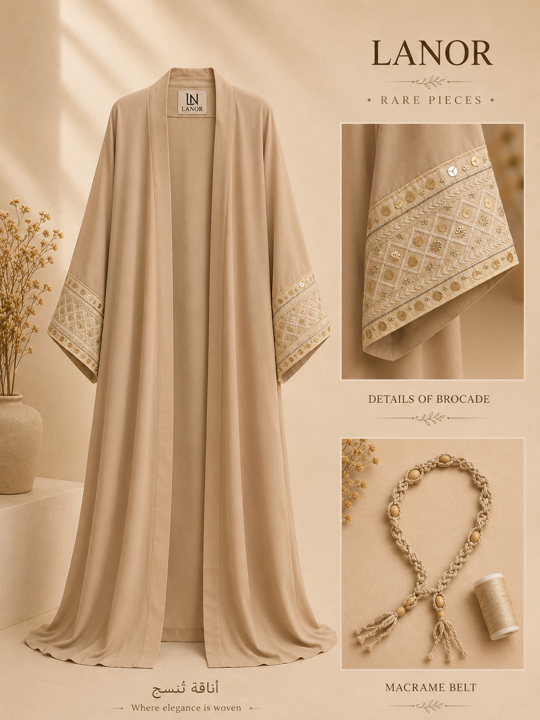 Open  Kaftan with Free Macramé Belt قفطان مفتوح مع حزام مكرميةهدية