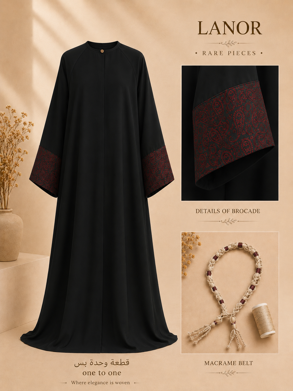 Premium Crepe & Brocade Abaya with Macrame Belt  عباية فاخرة بلمسة البروكار