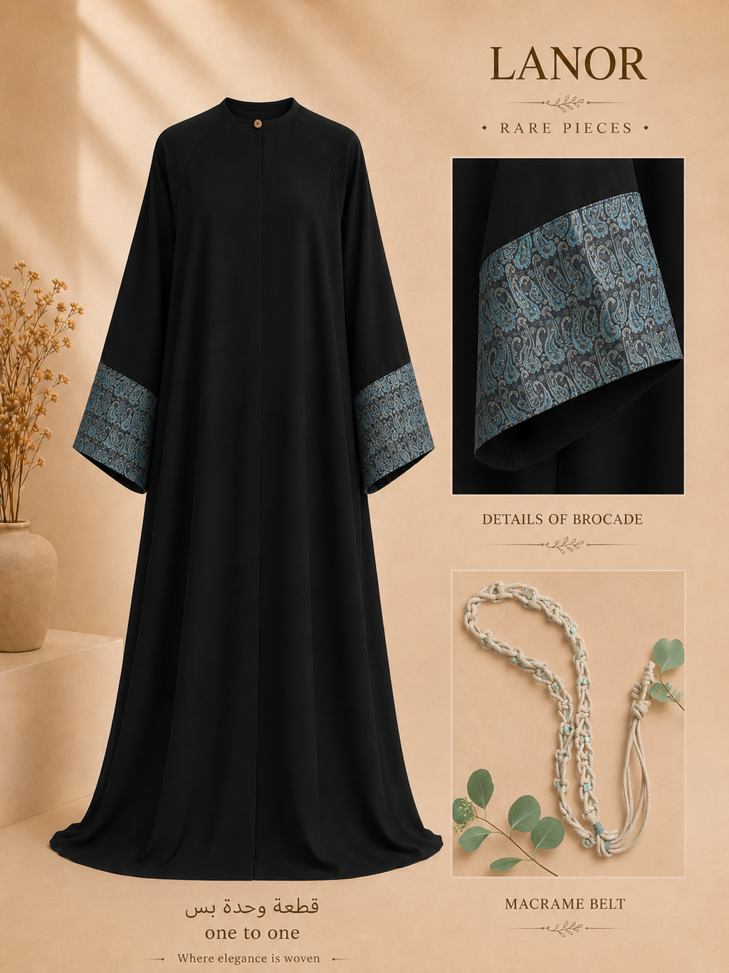 عباية بلمسة البروكار الفاخر مع حزام مكرمية Premium Crepe & Brocade Abaya with Macrame Bel