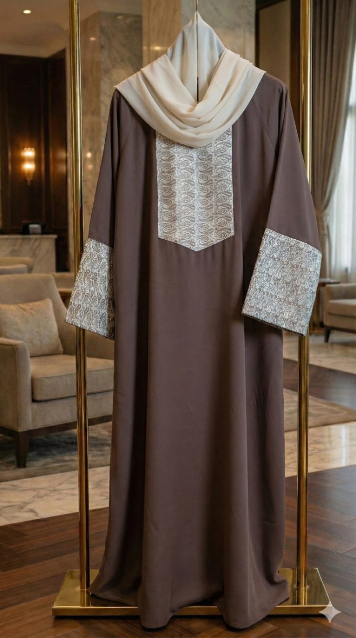 Premium Crepe & Brocade Abaya with Macrame Belt عباية كريب مع بروكار بني فاخرة