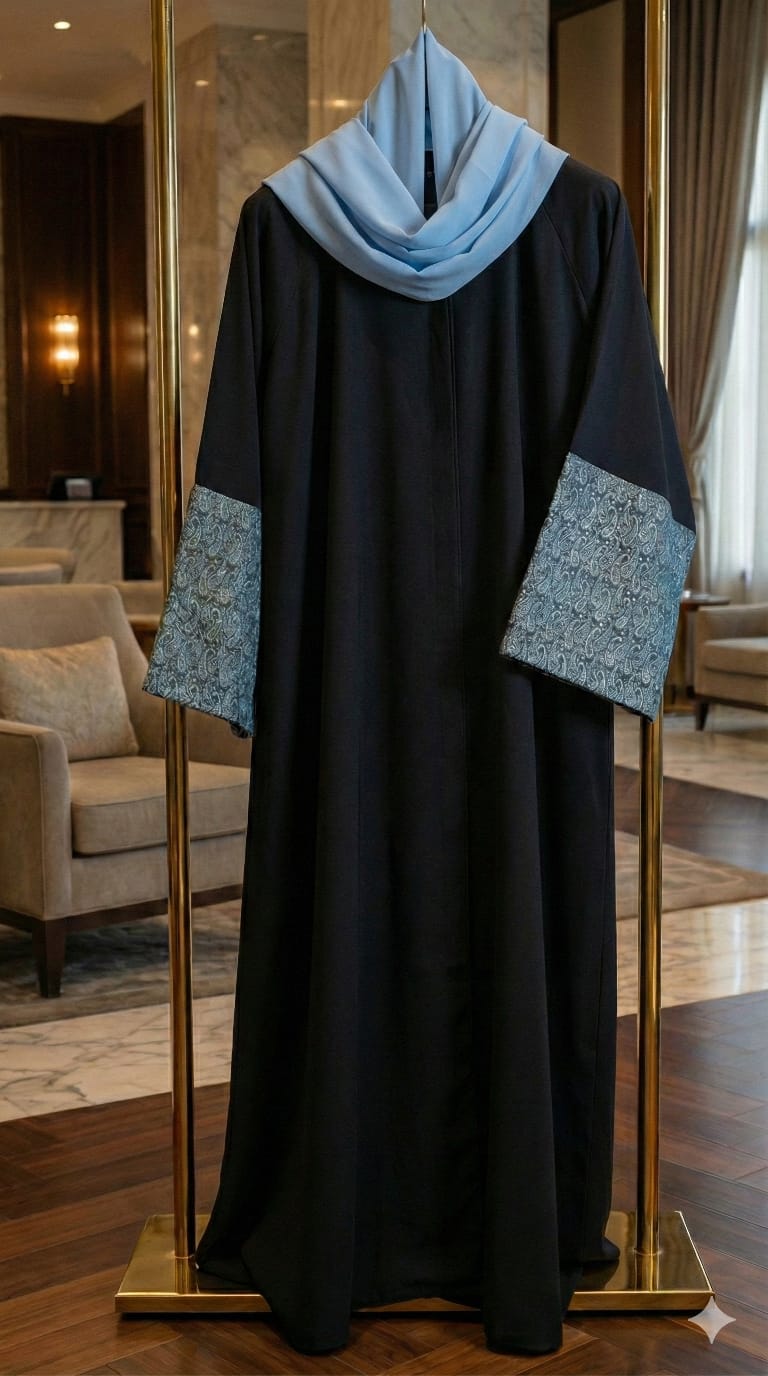 عباية بلمسة البروكار الفاخر مع حزام مكرمية Premium Crepe & Brocade Abaya with Macrame Bel