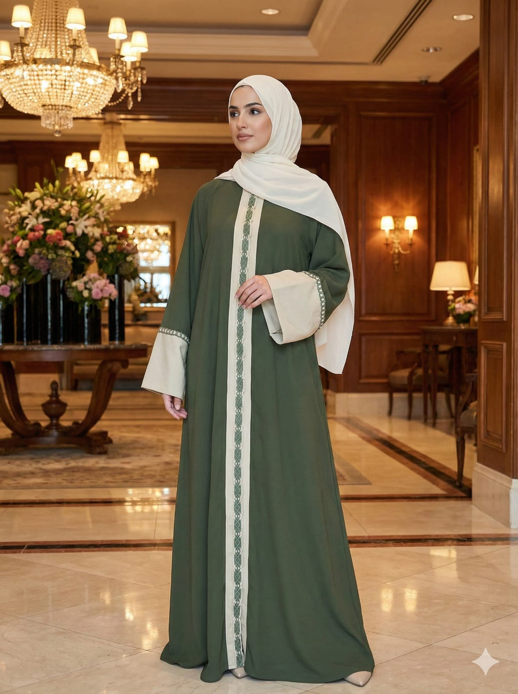 Crepe olive Abaya with Handmade Macramé عباية كريب زيتي بتفاصيل مكرمية يدوية