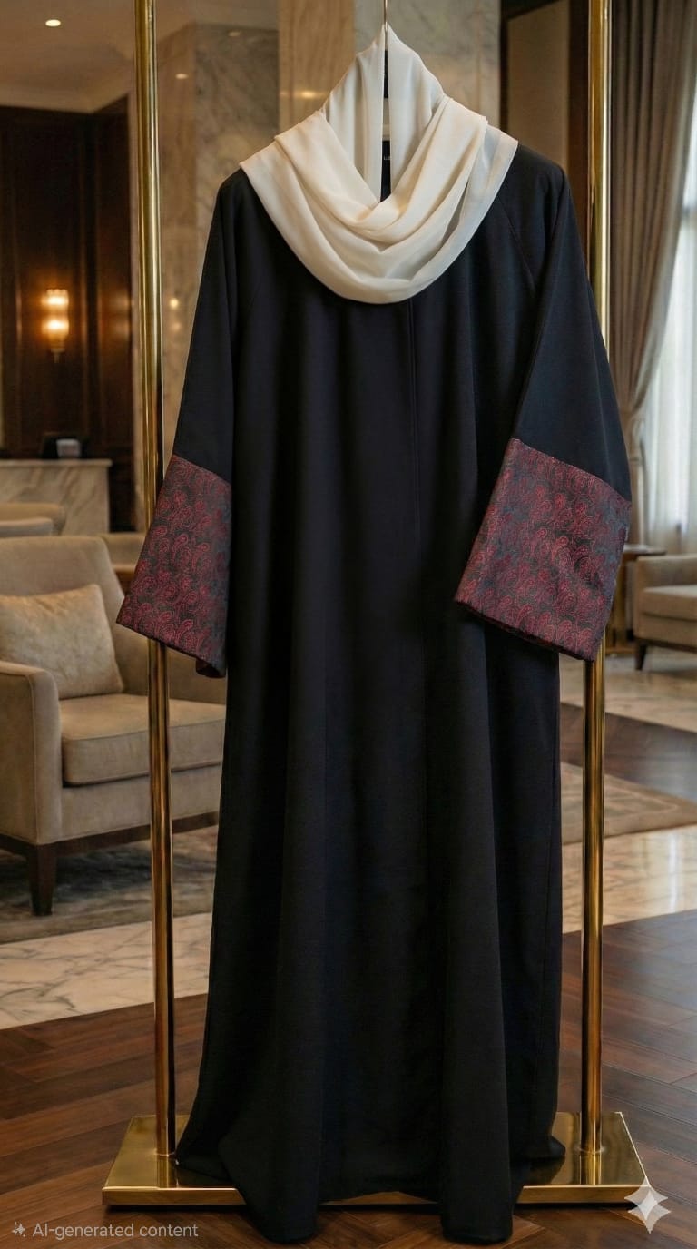 Premium Crepe & Brocade Abaya with Macrame Belt  عباية فاخرة بلمسة البروكار