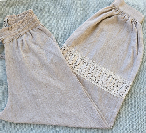 Lace Detail Casual Pants – Washed Linen.بنطلون دانتيل كاجوال - كتان مغسول