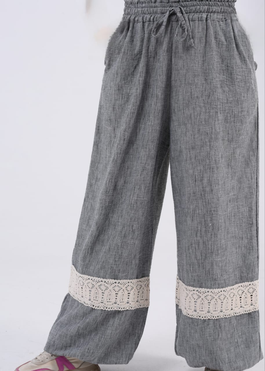 Lace Detail Casual Pants – Washed Linen.بنطلون دانتيل كاجوال - كتان مغسول